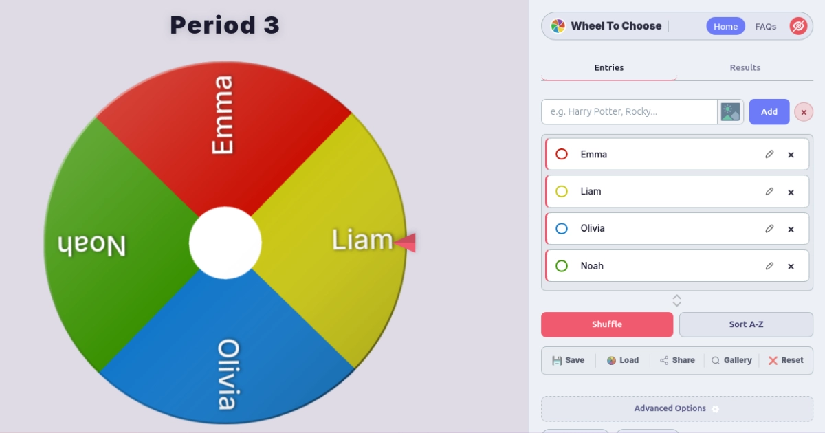 Step-by-step setup showing student names being added to the WheelToChoose input field