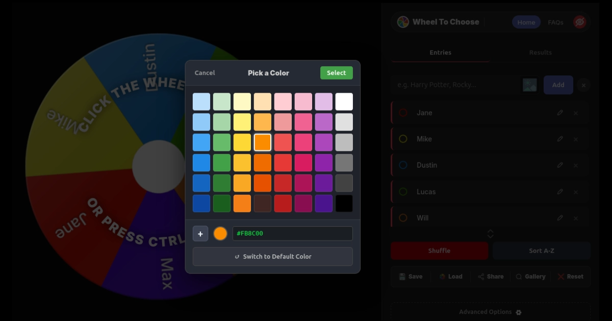 WheelToChoose color picker open with preset colors, hex input, and a wheel showing custom-colored slices