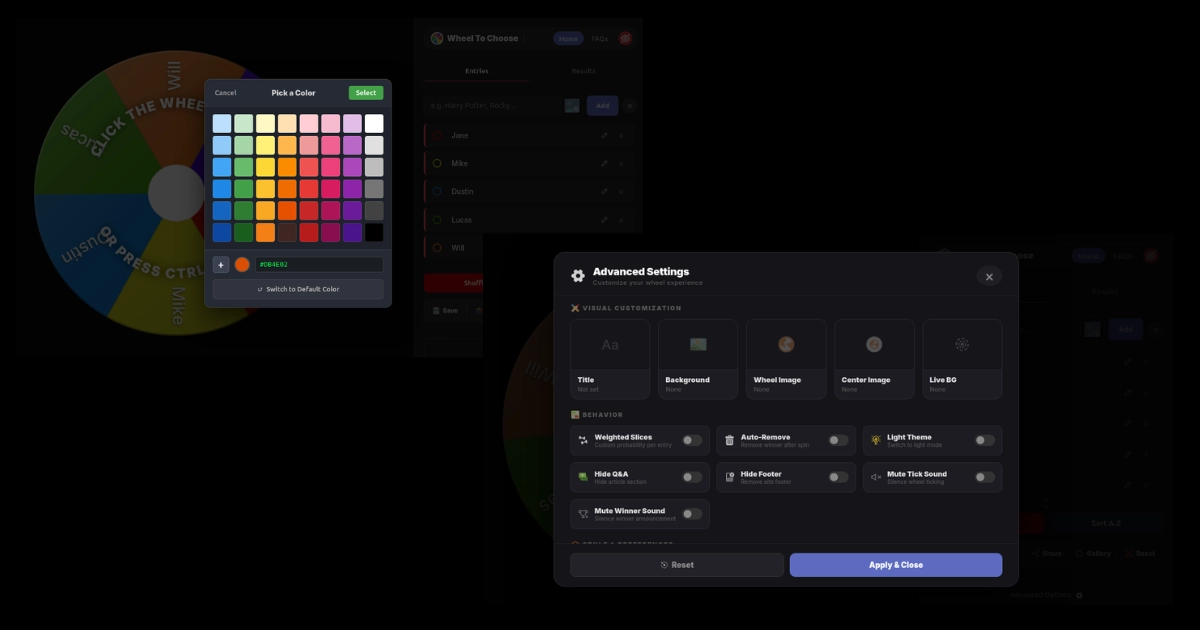 WheelToChoose Advanced Options panel showing color pickers, image uploads, theme selection, and sound controls