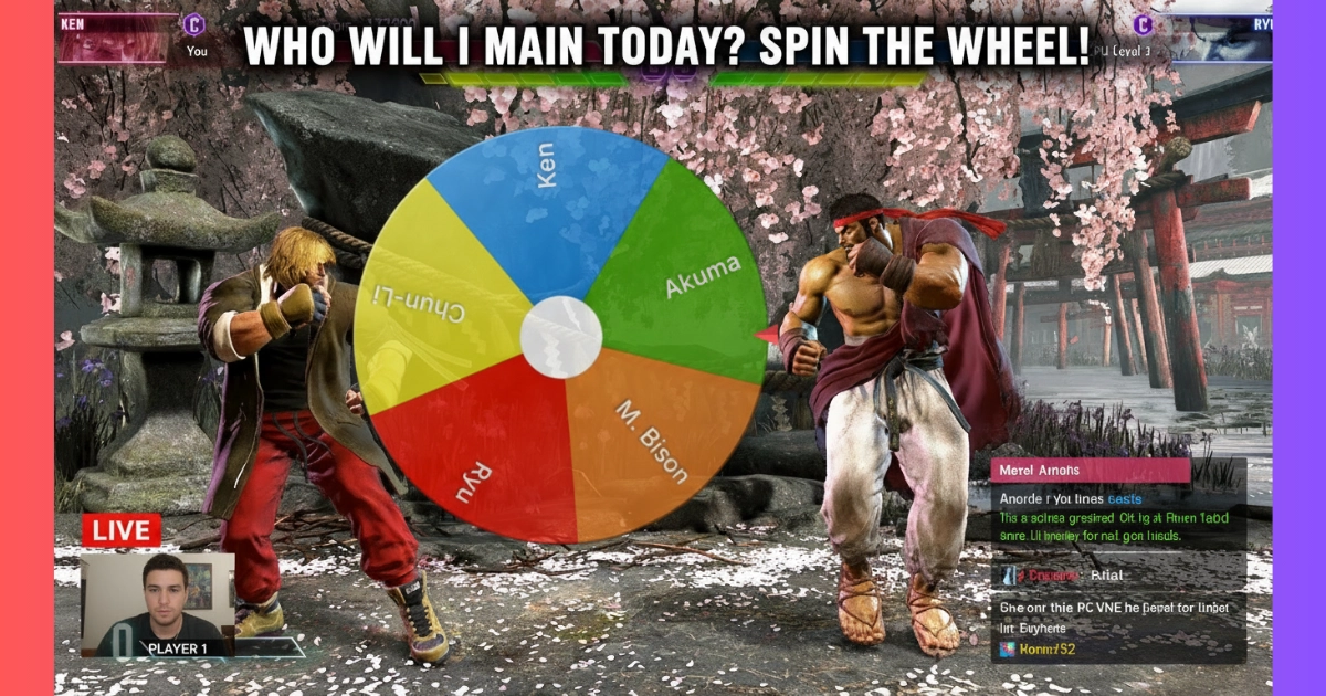 OBS Studio with a WheelToChoose Browser Source showing a transparent wheel overlay on a gaming stream