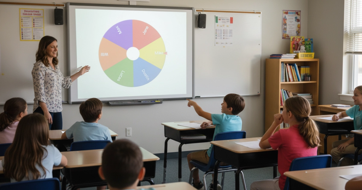 A colorful random name picker wheel projected on a classroom whiteboard with student names on the slices