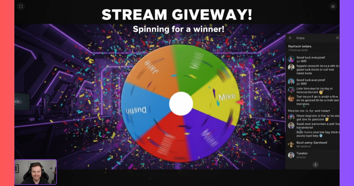 A colorful giveaway wheel spinning on a Twitch stream with viewer names on the slices and confetti exploding