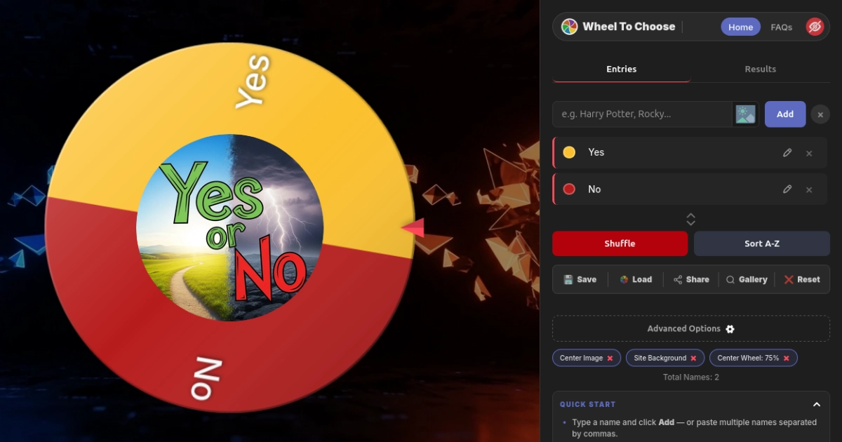 WheelToChoose Advanced Options panel showing color pickers, weighted slices, and theme settings