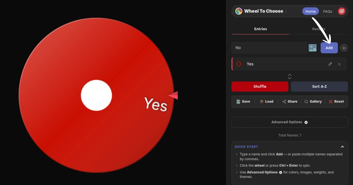 Step by step guide showing how to add Yes and No entries to the WheelToChoose input field