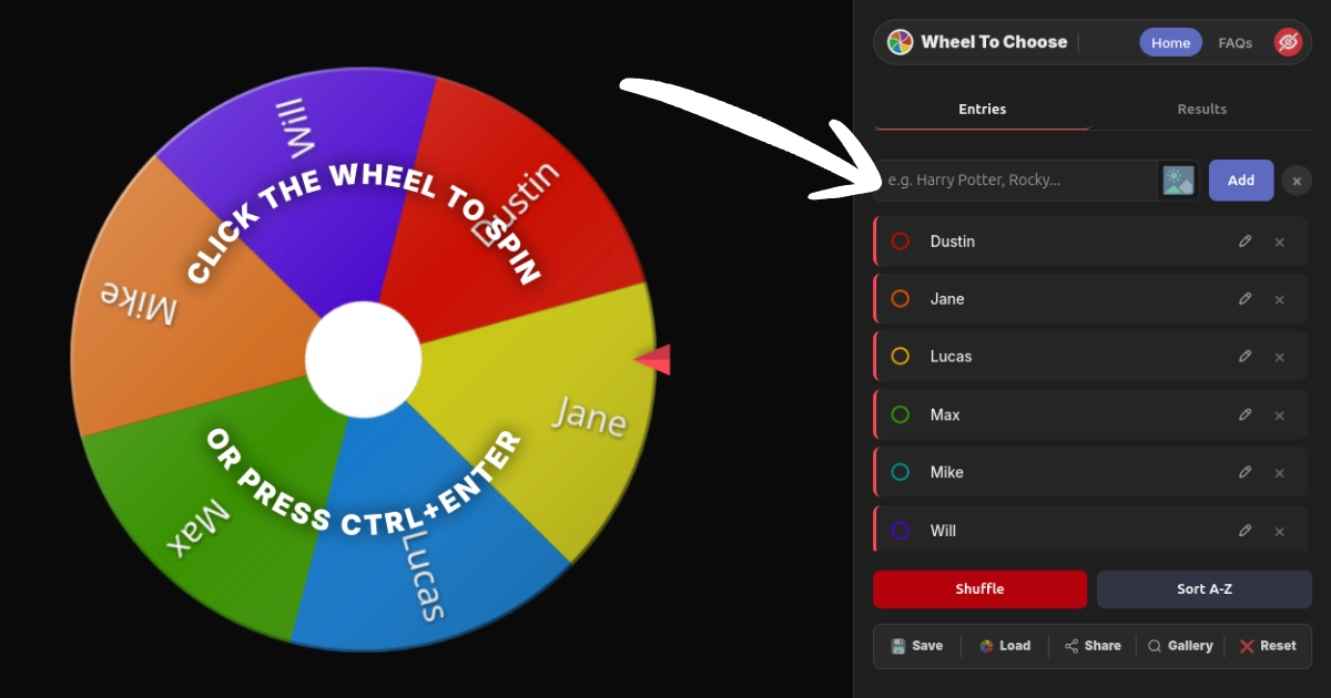 Step-by-step guide showing how to add names and spin the wheel of names for a random pick