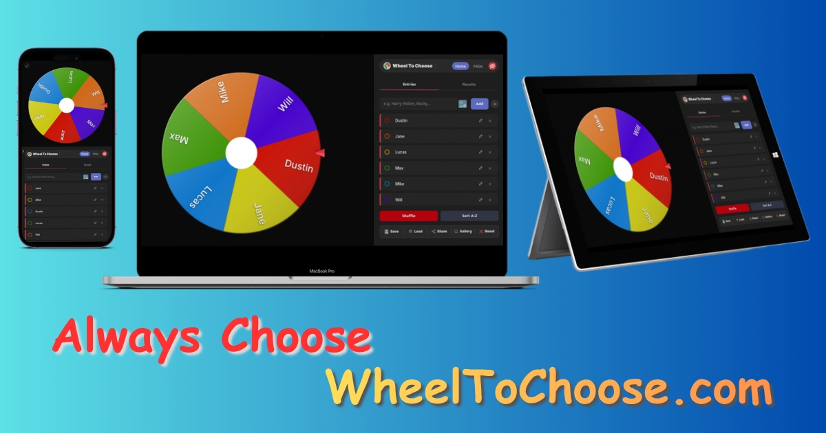 WheelToChoose Wheel of Names running on iPhone, iPad, Chromebook, and desktop browser