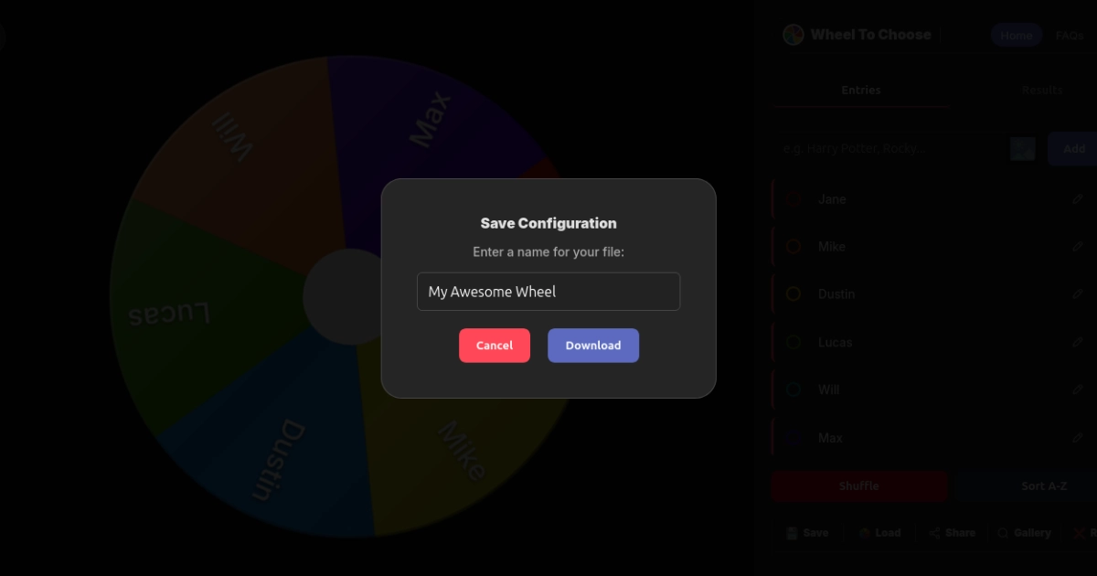 Save and Load toolbar for downloading a portable Wheel of Names file and sharing configurations