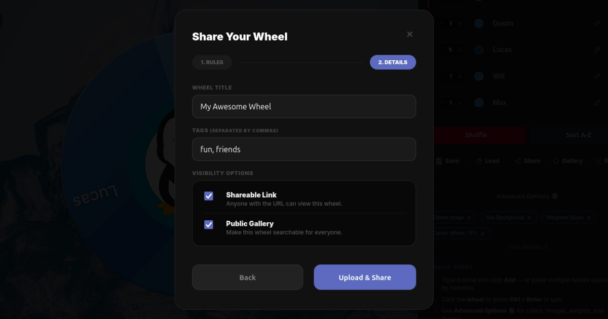 Wheel of Names Stream Mode showing transparent OBS overlay for the spinning wheel
