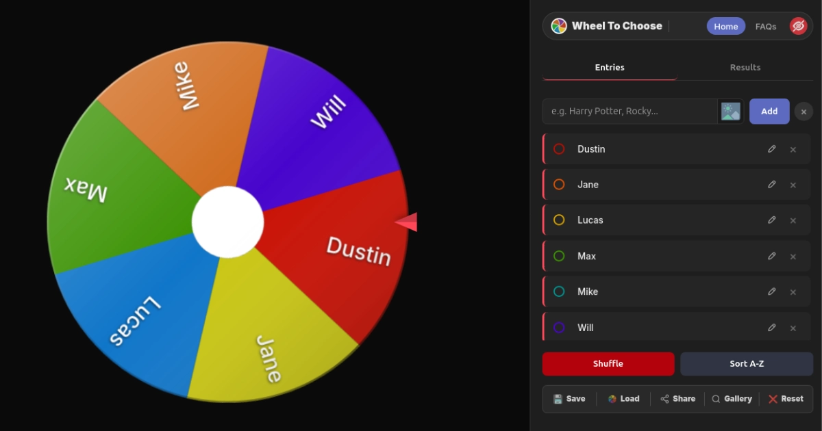 WheelToChoose wheel of names interface showing a colorful spinning wheel with entry slices and input panel