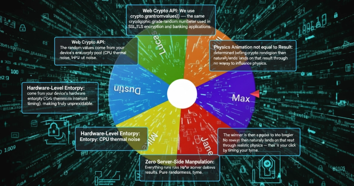 Diagram showing crypto.getRandomValues hardware entropy feeding into the Wheel of Names result