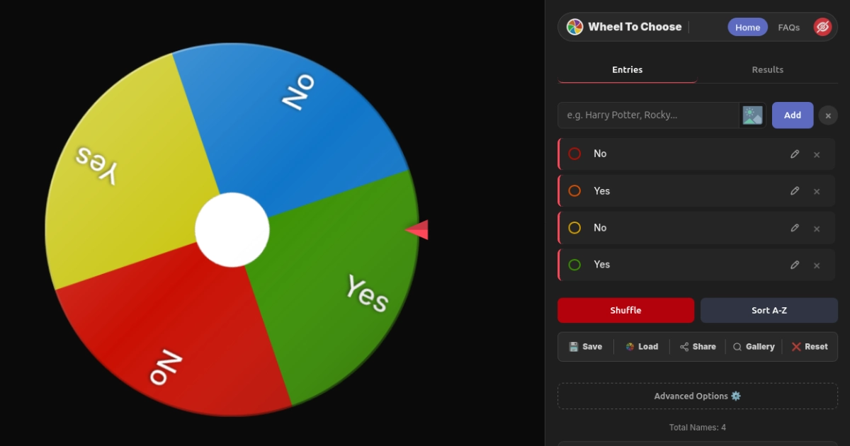 Yes or No decision wheel of names with weighted probability slices on WheelToChoose